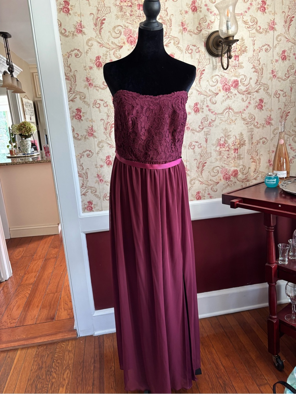 David's Bridal Strapless Lace Bodice Maxi Dress in Burgundy